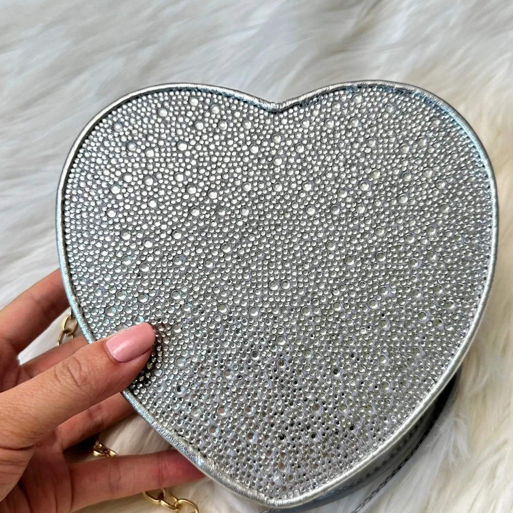 Larroude Heartbreaker Crossbody Bag In Crystal and Light Gray Vegan Suede NWT - Picture 14 of 14